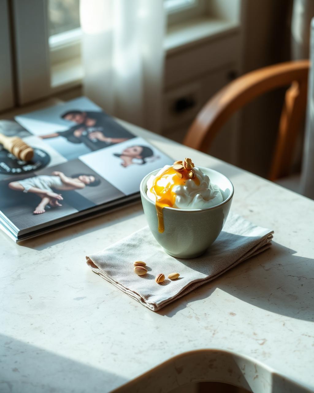 Bowl de yogurt griego sobre travertino